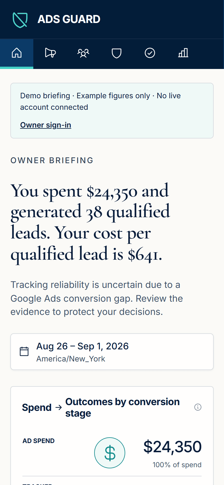 ADS Guard owner briefing on a phone-width screen with icon navigation, a demo-data banner, the spend and qualified-lead headline, and the reporting period picker.
