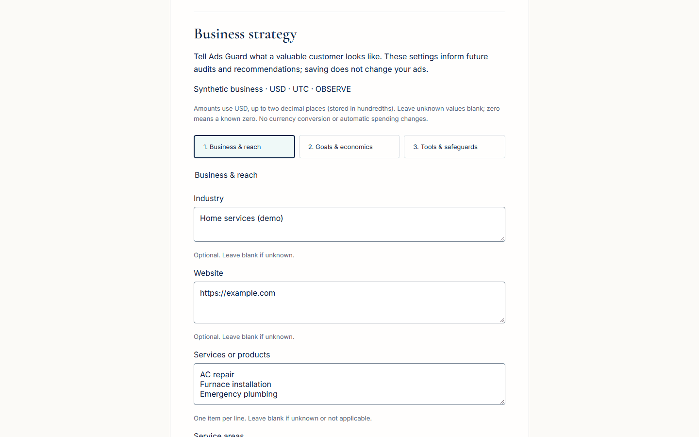 ADS Guard business strategy settings: a three-step form (Business and reach, Goals and economics, Tools and safeguards) with industry, website and services fields filled with example values.