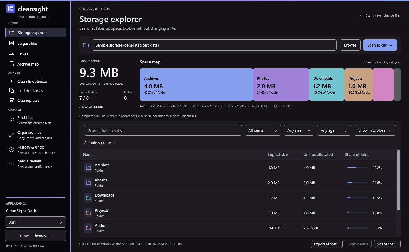 CleanSight storage explorer showing a visual space map and folder sizes, rendered with generated sample files.