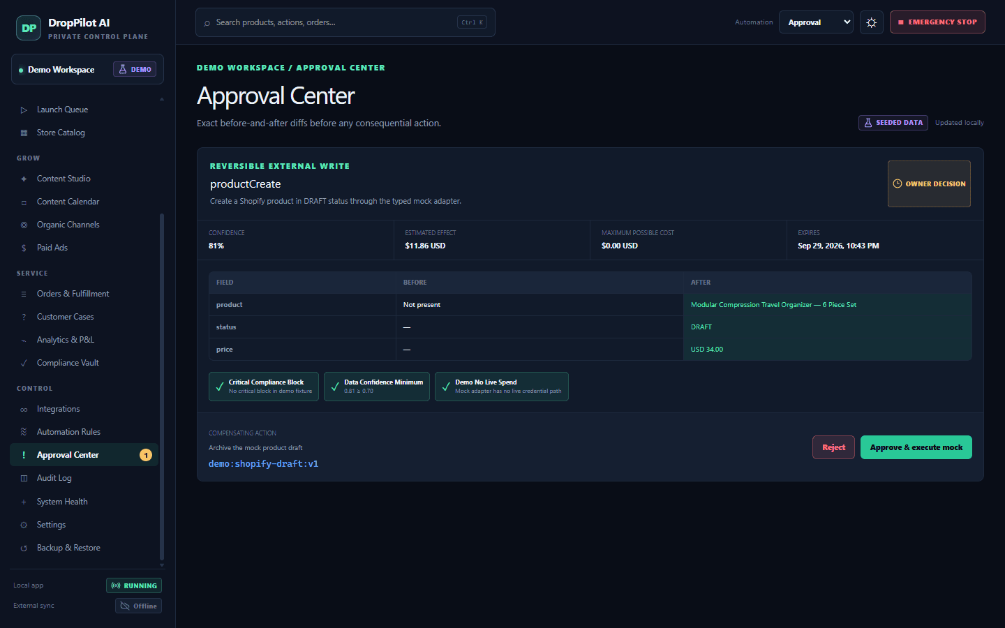 Approval Center showing a pending productCreate action with a before-and-after diff for a draft Shopify product at USD 34.00, passing policy checks, and Reject or Approve buttons for the mock adapter.