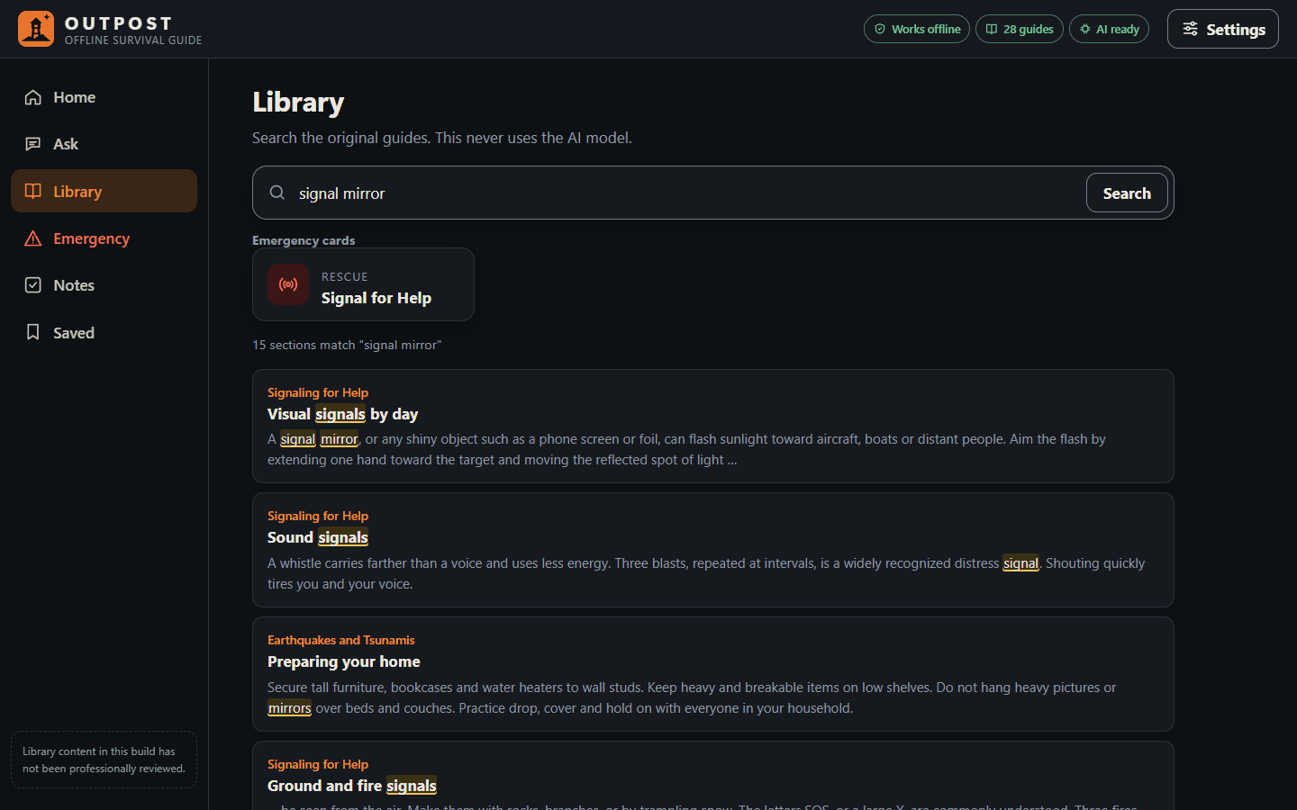 Outpost Library search for "signal mirror": a matching Signal for Help emergency card above 15 matching guide sections, with search terms highlighted in each excerpt.