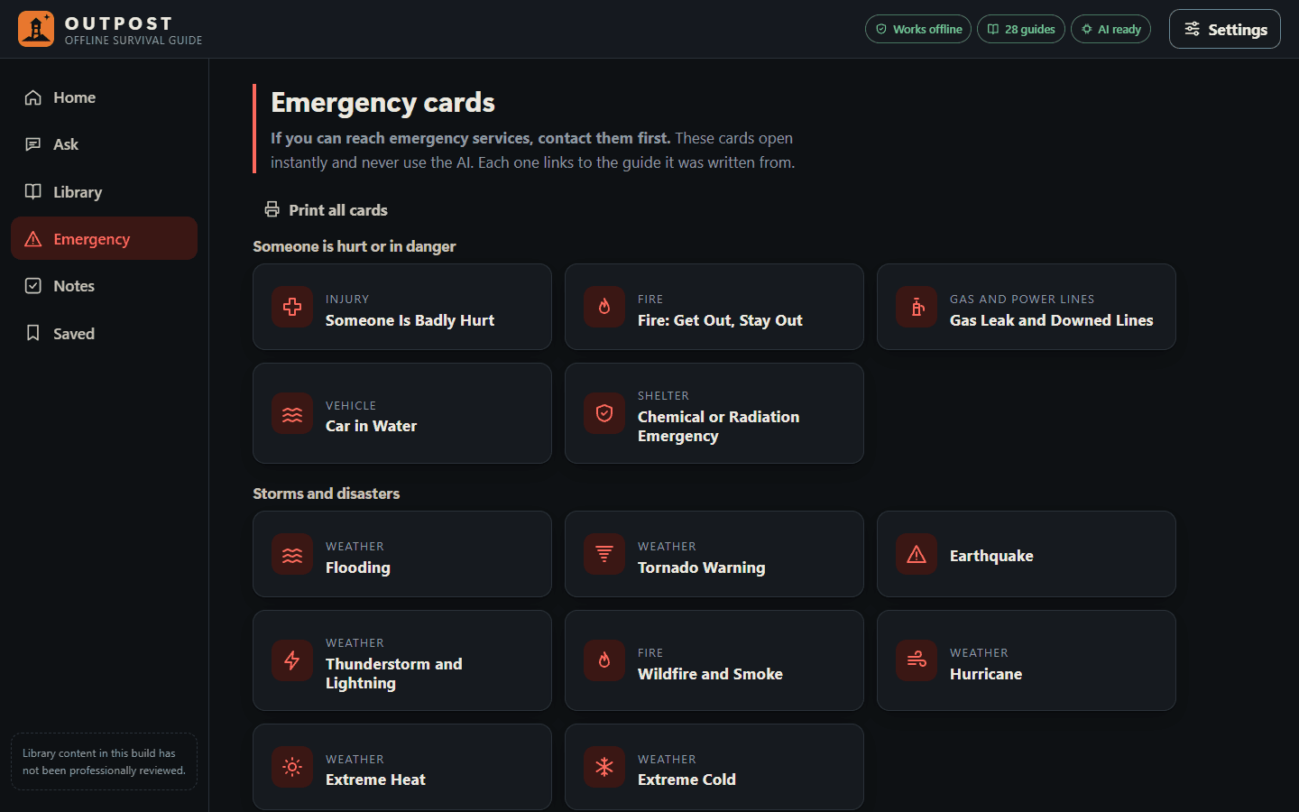 Outpost Emergency cards view: instant, no-AI reference cards grouped under Someone is hurt or in danger and Storms and disasters, including Someone Is Badly Hurt, Fire, Gas Leak, Car in Water, Flooding, Tornado Warning, Earthquake and Hurricane.