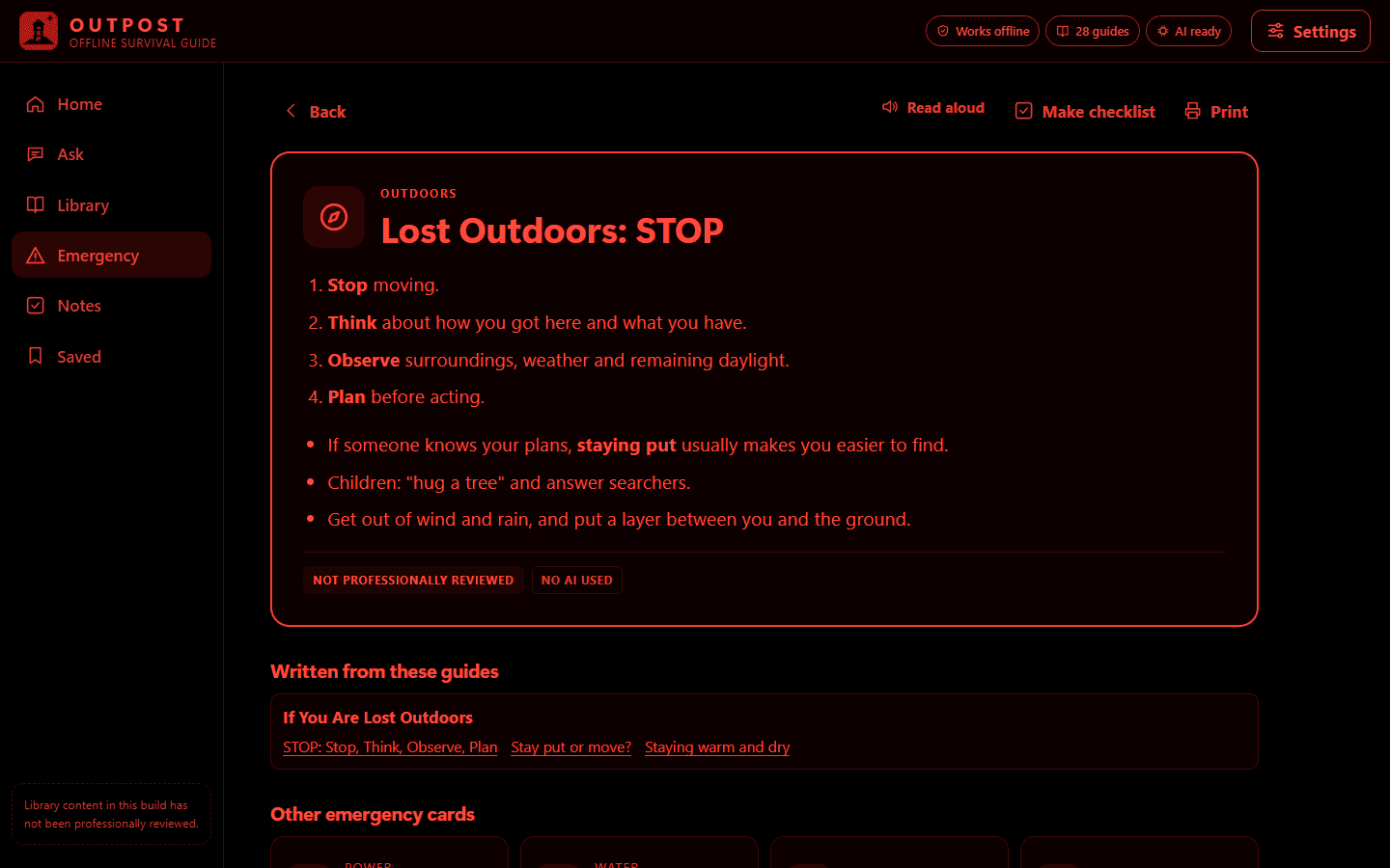 Outpost in the Night theme, red light only: the Lost Outdoors: STOP emergency card with Stop, Think, Observe, Plan steps and links to the guide sections it was written from.