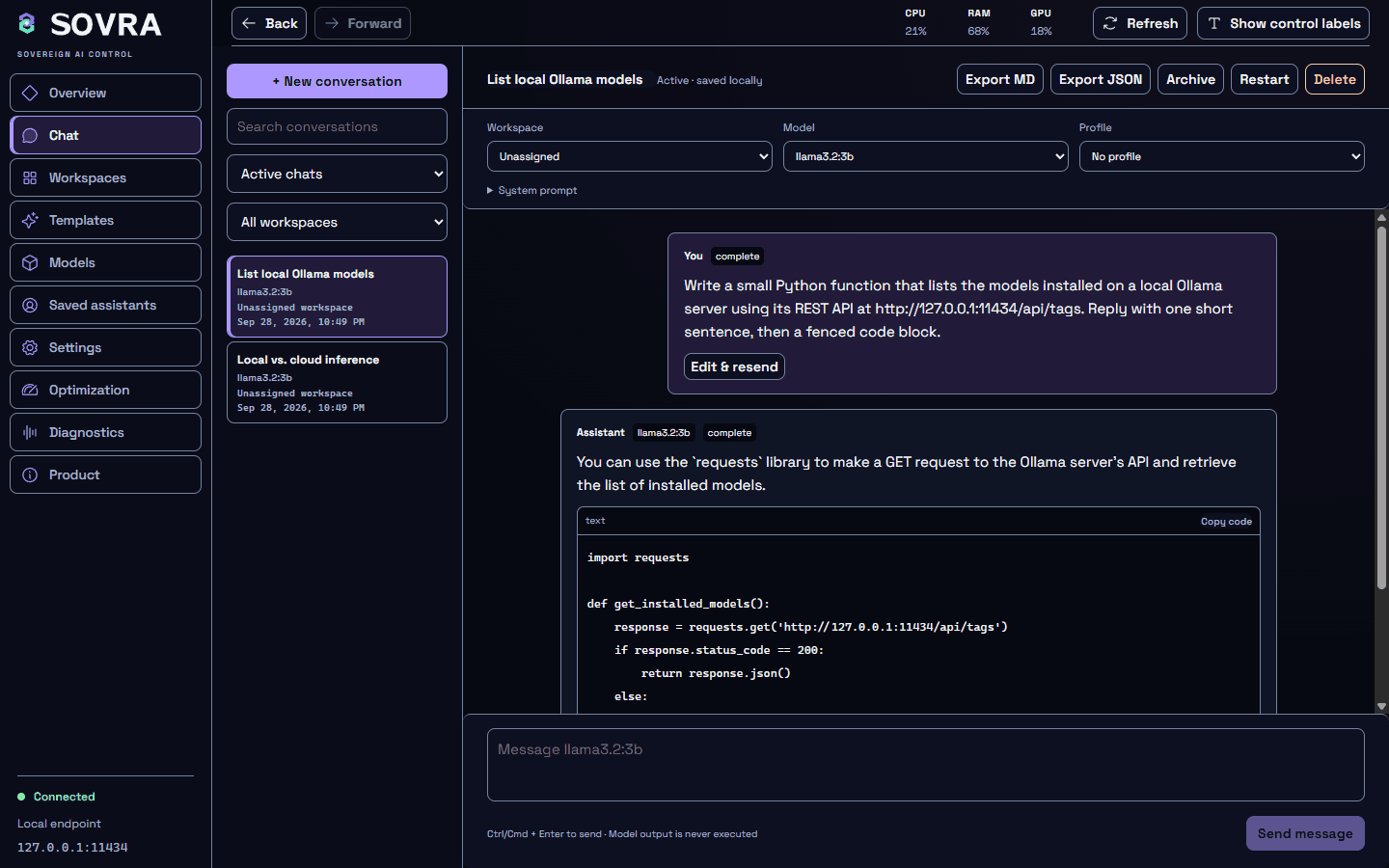 Sovra AI Chat screen showing a local conversation with llama3.2:3b: the user asks for a Python function that lists models from the local Ollama API and the assistant replies with a sentence and a code block, with the saved conversation list on the left and workspace, model and profile selectors above.