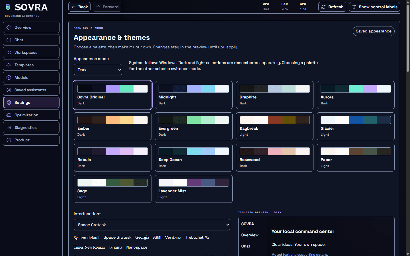 Sovra AI Appearance and themes settings showing the appearance mode selector and a gallery of 14 built-in dark and light palettes, from Sovra Original and Midnight to Daybreak and Lavender Mist, above interface font options and a live theme preview.