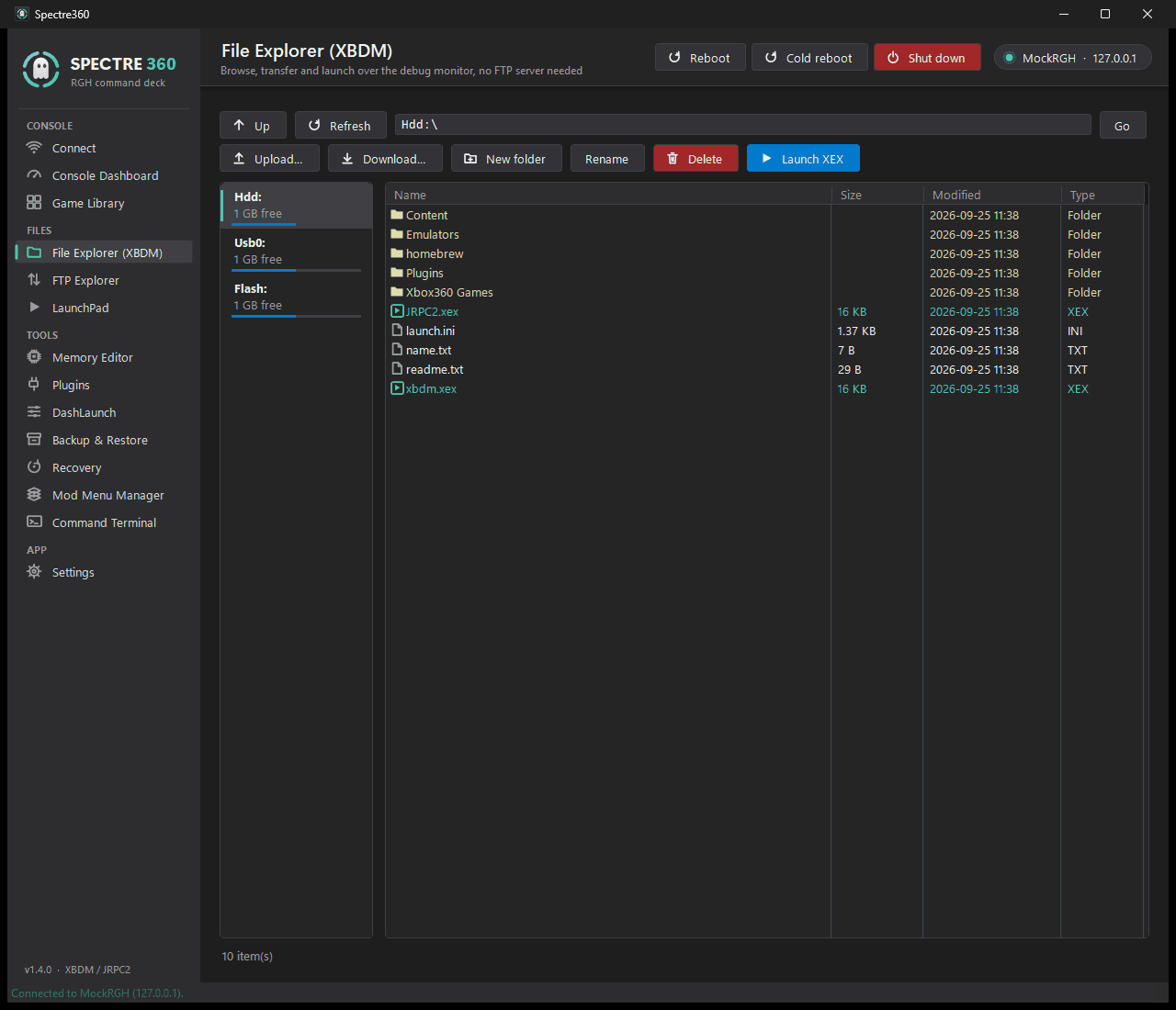 Spectre360 XBDM File Explorer browsing console drives with upload controls