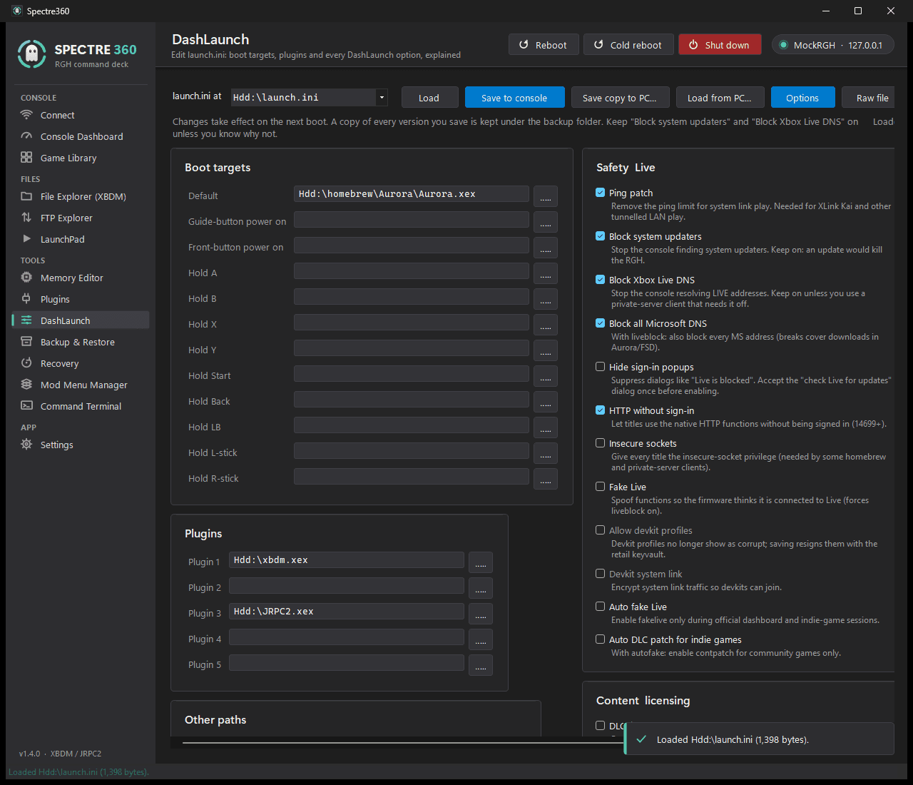 Spectre360 DashLaunch editor presenting launch.ini options as a form with explanations